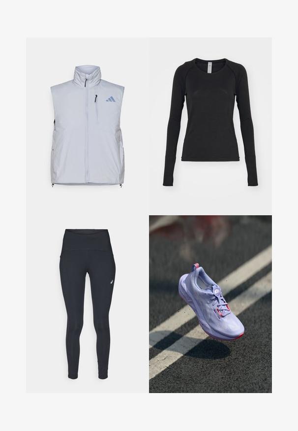 Svijetlosivi prsluk bez rukava s visokim ovratnikom, prednjim zatvaračem, džepom na lijevoj strani prsnog koša i crnim povlačenjem zatvarača; sadrži plavi logotip na desnom ramenu.; Crna košulja dugih rukava, izrađena od mekanog materijala. Ima okrugli izrez i raglan rukave s otvorima za palčeve na manžetama. Minimalistički dizajn.; ASICS ROAD HIGH WAIST - Zimske tajice - performance black; Svijetloplavi tenisice za trčanje s teksturiranim gornjim dijelom, ružičastim naglascima, okruglim sustavom vezanja i točkicama na potplatu, uzdignute iznad pozadine pločnika.