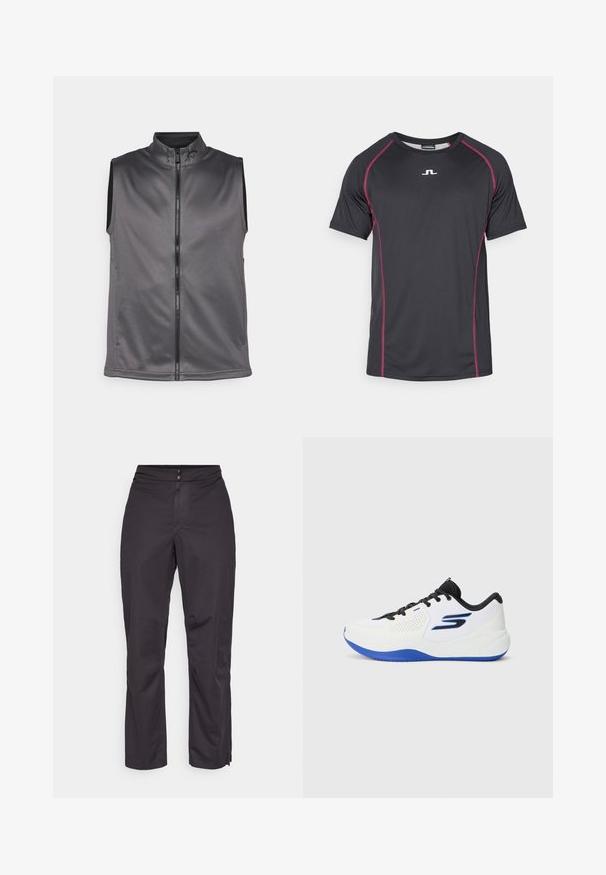 Gray sleeveless vest made of soft, textured fabric. Features a front zipper and a high collar. Simple design without additional accents.; Short-sleeve athletic t-shirt made of black synthetic fabric with pink contrast stitching and a small white logo on the front center.; Black waterproof pants with a straight cut, featuring a smooth texture, elastic waistband, and side zippers at the hem for adjustability.; White athletic shoes with blue accents and black laces. Features mesh panels and a cushioned sole for support and comfort.