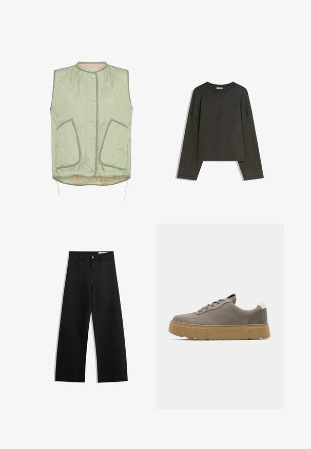 Světle zelený prošívaný vest s kulatým výstřihem, knoflíky na zaklapnutí, dvěma předními kapsami a stahovacími lemy. Hladká textura s béžovou podšívkou.; Tmavě šedý dlouhý rukáv top vyrobený z bavlněné směsi. Krabicový střih s kulatým výstřihem a spadlými rameny, s viditelným šitím.; Černé denimové kalhoty s volným střihem a vysokým pasem, vybavené předními a zadními kapsami, prošívanými švy a knoflíkovým zapínáním. Hladká textura.; Šedé semišové tenisky s tlustou béžovou gumovou podrážkou, kulatou špičkou a šedými tkaničkami. Mají logo na patě a krémový akcent na zadní části.
