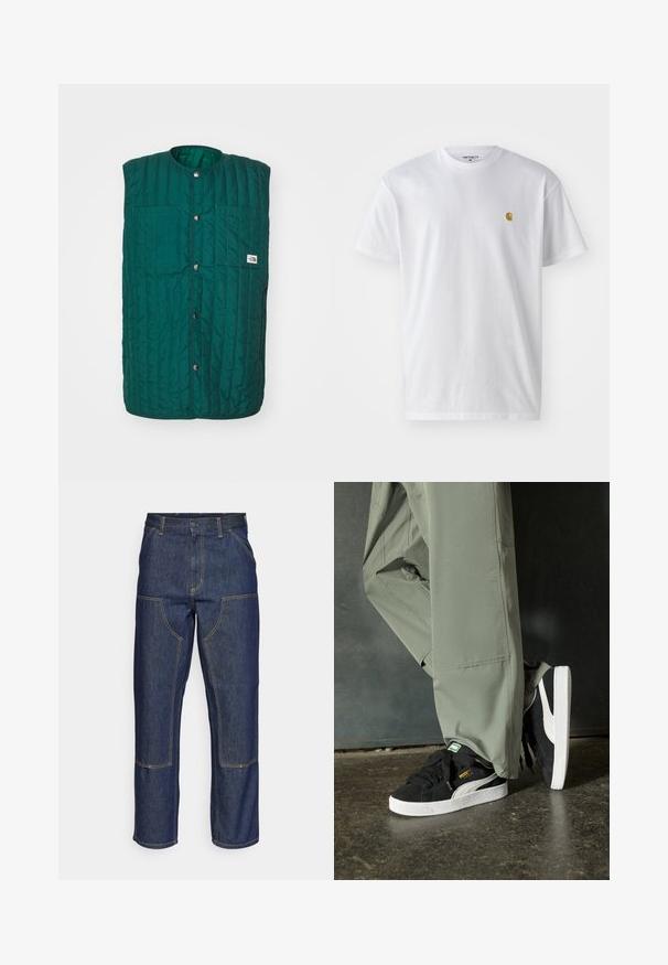 Zöld steppelt mellény kerek nyakkal, elülső patent gombokkal és két függőleges zsebével. Texturált anyag varrott vonalakkal és logó címkével.; Fehér pamut póló rövid ujjakkal, kerek nyakkal, bal mellel egy kis arany logóval. Puha tapintású és normál fazonú.; Sötétkék farmernadrág, magas derekú, egyenes szárú dizájnnal, kontrasztos varrással és elülső zsebekkel.; Fekete velúr sportcipők fehér gumitalppal és oldalsávokkal, világos zöld cargo nadrággal párosítva, egy textúrált sötét felületen állva.