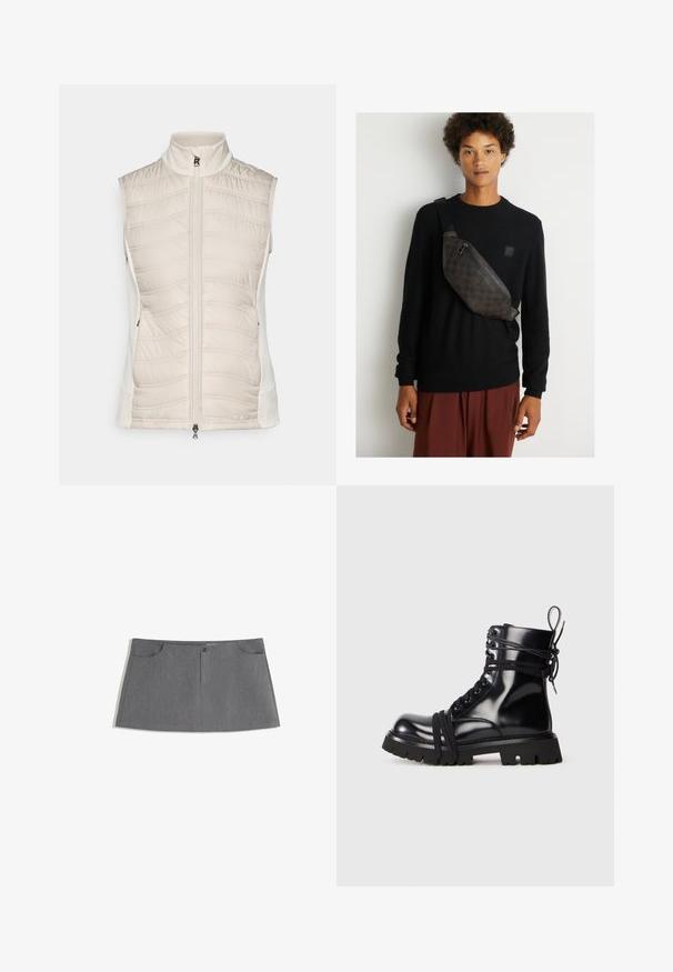 Beżowa bezrękawnik z pikowanym wzorem z przodu, gładkimi bokami, wysokim kołnierzem i zamkiem błyskawicznym z przodu z małym uchwytem.; YOURTURN UNISEX szary melanż; Szara spódnica o prostym kroju, z dwiema przednimi kieszeniami, z zapinaniem na guziki z przodu oraz delikatnym wzorem tekstury.; Czarny lakierowany botek z grubą podeszwą, okrągłym noskiem i detalami sznurowania. Ma owinięte sznurówki oraz pętelkę na pięcie.; Brązowa torba na ramię z wzorem, wykonana z teksturowanego materiału, z czarnym paskiem i zamykaną na zamek komorą. Nosi ją osoba w czarnym swetrze.