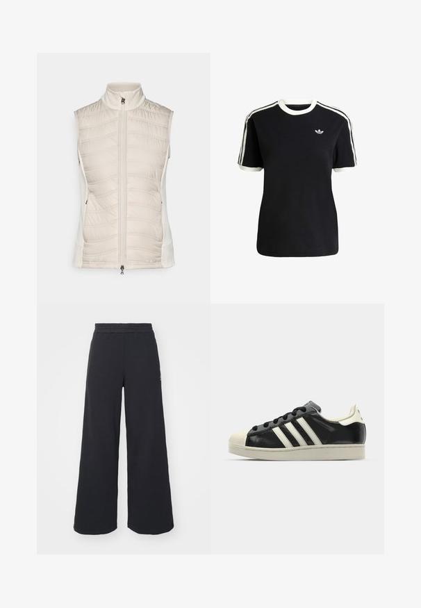 Beige ärmellose Weste mit gestepptem Muster auf der Vorderseite, glatten Seiten, hohem Kragen und Frontreißverschluss mit einem kleinen Ziehlappen.; Schwarzes Baumwoll-T-Shirt mit weißen Akzenten am Kragen und an den Ärmeln, ausgestattet mit drei weißen Streifen auf jeder Schulter und einem kleinen Logo auf der Brust.; Schwarze weite Sweatpants aus weichem Material, mit einem elastischen Taillenbund und einem kleinen Logo auf der linken Seite.; Schwarze Ledersneaker mit weißen Streifen, Gummikappe, schwarzen Schnürsenkeln und einer cremefarbenen Sohle. Glatte Textur mit glänzender Oberfläche.
