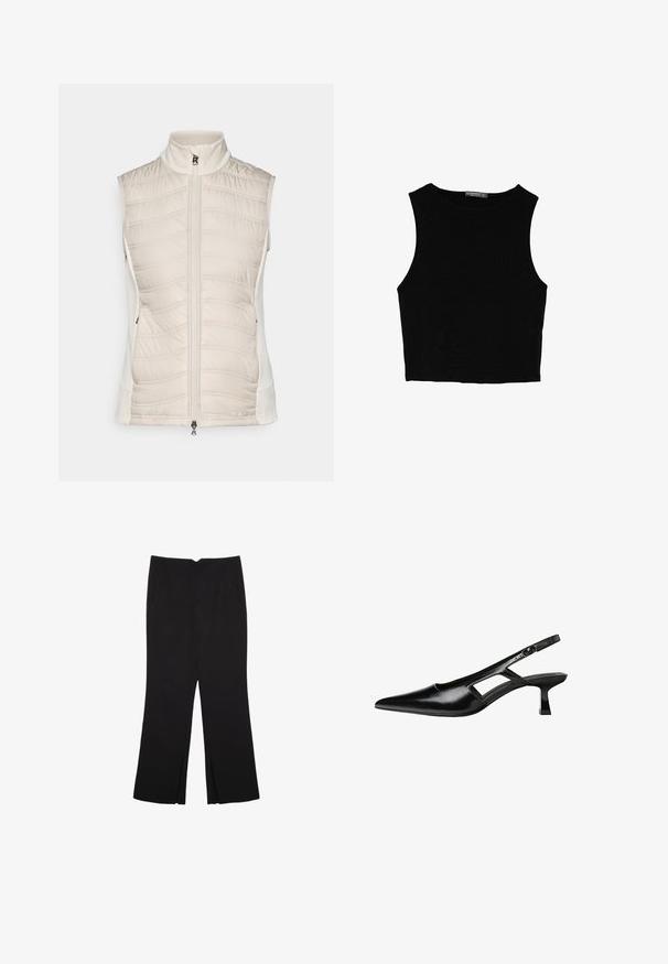 Beige ärmellose Weste mit gestepptem Muster auf der Vorderseite, glatten Seiten, hohem Kragen und Frontreißverschluss mit einem kleinen Ziehlappen.; Schwarzes ärmelloses Crop-Top aus glattem Stoff, mit rundem Ausschnitt und einem klaren, schlichten Design ohne Muster oder Beschläge.; Schwarze Hose mit geradem Schnitt, ausgestattet mit Fronttaschen und Seitenschlitzen am Saum. Hergestellt aus weichem, glattem Stoff. Geeignet für verschiedene Anlässe.; Schwarze Lackleder-Slingback-High Heels mit spitzer Zehenform, ausgeschnittenem Seitendesign und kleinem Blockabsatz. Glatte Textur mit minimalen Akzenten.