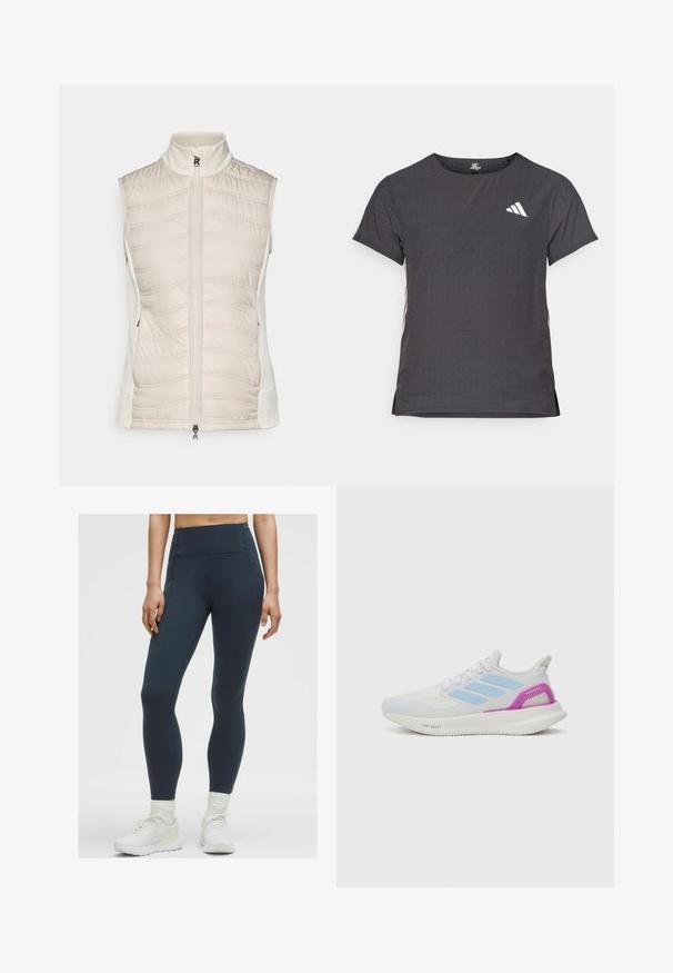 Bež brezrokavnik z quiltastim vzorcem na sprednji strani, gladkimi stranicami, visokim ovratnikom in sprednjim zadrgo z majhnim zategalom.; Kratka športna majica s kratkimi rokavi, temno siva z perforirano teksturo. Ima bel logotip in kontrastne stranske črte. Okrogel ovratnik.; Visoke, temno modre legice iz raztegljive, gladke tkanine z ravno šivnimi robovi in brez vidnih žepov, v kombinaciji z belimi športnimi čevlji.; adidas Performance PUREBOOST 5 - Tekaški copati za cesto - white/glow blue/purple burst