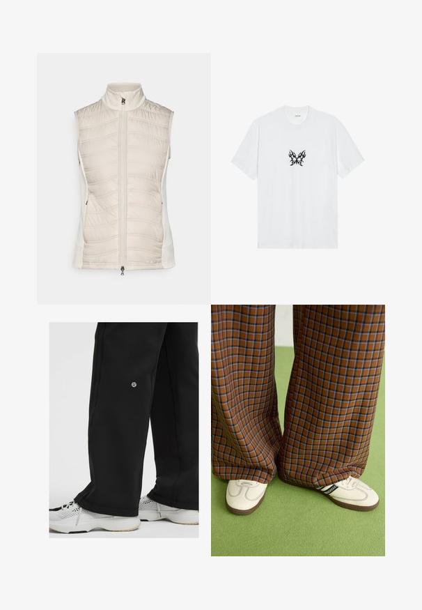 Bež prsluk bez rukava s kviltanom teksturom sprijeda, glatkim bočnim dijelovima, visokim ovratnikom i prednjim patent zatvaračem s malim oduškom.; Bijela pamučna majica s kratkim rukavima i okruglim izrezom. Središnji motiv čini crni leptir s uzorkom plamenova. Glatka tekstura.; Crne široke hlače s malim logotipom iznad gležnja uparene s bijelim mrežastim sportskim tenisicama na bijeloj pozadini.; Smeđe i plave karirane široke hlače uparene s bijelim cipelama s crnim akcentima i teksturiranim potplatom, na zelenoj pozadini.
