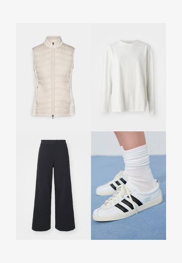 Beige ärmellose Weste mit gestepptem Muster auf der Vorderseite, glatten Seiten, hohem Kragen und Frontreißverschluss mit einem kleinen Ziehlappen.; Weißes langärmeliges T-Shirt aus Baumwolle mit Rundhalsausschnitt, überschnittenen Schultern und einem dezenten Logo auf der Brust. Angenehme Haptik.; Schwarze weite Sweatpants aus weichem Material, mit einem elastischen Taillenbund und einem kleinen Logo auf der linken Seite.; Weiße Ledersneaker mit schwarzen Streifen, cremefarbener Sohle und hellen Schnürsenkeln. Getragen mit weißen gerippten Socken, positioniert vor einem blauen Hintergrund.