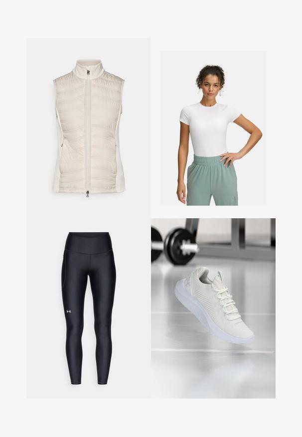 Beige mouwloze vest met een gewatteerde textuur aan de voorkant, gladde zijkanten, hoge kraag en een voorrits met een kleine trekstrip.; Witte fitted t-shirt met korte mouwen, gecombineerd met lichtgroene broek met elastische tailleband. Gladde textuur, minimalistisch ontwerp en geen zichtbare patronen.; Zwarte leggings van glad, rekbaar materiaal met een hoge tailleband. Heeft een wit logo op de linkerdij en een aansluitend ontwerp.; Witte sport sneaker met een gestructureerde mesh bovenkant en vetersysteem, voorzien van een gewatteerde witte zool en subtiele ribbelaccenten.