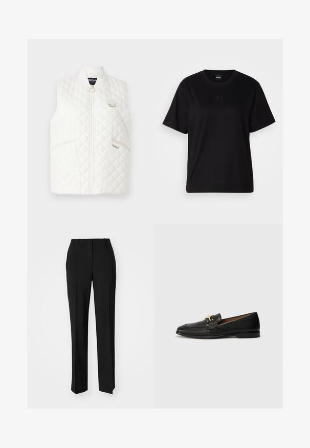 Μαξιλάρι άσπρου χρώματος με ψηλό γιακά, μπροστινό φερμουάρ και δύο πλαϊνές τσέπες. Διαθέτει χρυσό λογότυπο και λεπτομέρεια με δαχτυλίδι.; Μαύρο βαμβακερό μπλουζάκι με στρογγυλή λαιμόκοψη, κοντά μανίκια και κεντημένο λογότυπο στο στήθος. Απλή, χαλαρή γραμμή χωρίς σχέδια.; Μαύρο παντελόνι με ραφή που έχει σχεδιασμό ίσιας γραμμής, διαθέτει λεία υφή και καθαρές πτυχώσεις κατά μήκος της μπροστινής πλευράς. Χωρίς ορατό μεταλλικό υλικό.; Μαύρα δερμάτινα μοκασίνια με χρυσό διακοσμητικό αγκράφα, στρογγυλή μύτη, ραφές και επίπεδη σόλα για εύκολη χρήση.