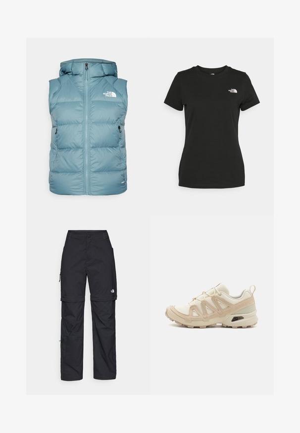 Ανοιχτό μπλε γιλέκο με ψηλό γιακά και κουκούλα, που διαθέτει μπροστινό φερμουάρ και φερμουάρ στα πλάγια τσέπες. Το λογότυπο της North Face είναι εμφανές στο στήθος.; Μαύρο βαμβακερό T-shirt με στρογγυλή λαιμόκοψη και κοντά μανίκια. Εντυπωσιακό λευκό λογότυπο στην επάνω αριστερή πλευρά. Λείος υφασμάτινος χαρακτήρας, άνετη εφαρμογή.; Μαύρα νάιλον παντελόνια cargo με φερμουάρ που αφαιρούνται, ρυθμιζόμενους καρπούς, πολλαπλές τσέπες και λογότυπο στο δεξί πόδι. Απαλή, ελαφριά υφή.; Μπεζ και κρεμ αθλητικό παπούτσι με υφασμάτινη άνω επιφάνεια με υφή, υποστηρικτικά overlay και καουτσούκ σόλα με σχέδιο πέλματος για πρόσφυση.
