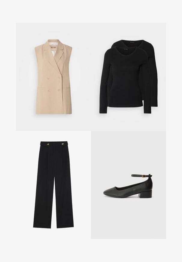 Beige utenermet blazer med dobbeltradet design, notched revers, to frontlommer og knappedetaljer. Laget av et glatt stoff.; To svarte langermede skjorter med V-halsdesign, laget av mykt, elastisk stoff, viser jevn tekstur og en tettsittende fasong.; Svart vide bukser med høy midje, knappdetaljer på midjebåndet og frontplisser.; Sorte skinnpumper med spiss tå og lav blokkhelt. Har ankelrem med gullfarget spenne. Glatt tekstur.