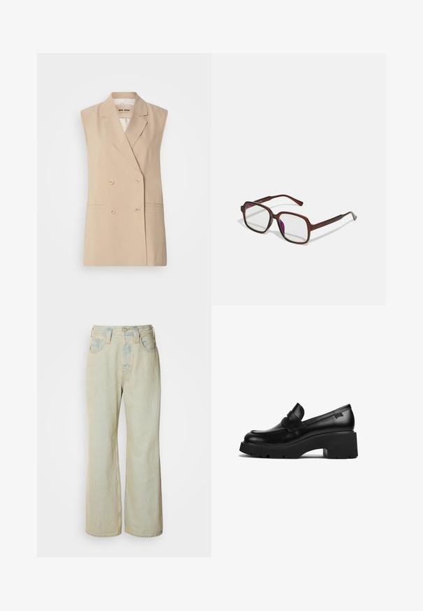 Bež žaket bez rukava s dvostrukim kopčanjem, reverima, dvojim prednjim džepovima i detaljima s gumbima. Izrađen od glatkog materijala.; Crna bezrukavna majica s visokim ovratnikom, izrađena od glatkog materijala. Prilagođeni dizajn s visokim ovratnikom i ravnim rubom, minimalistički i u jednobojnoj boji.; Svjetloplave široke traperice od denima, visokog struka, s pet džepova i suptilnim izblijedjenjem te kontrastnim šavovima.; Crna kožna loaferica s debelim potplatom i chunky petom, s trakom preko gornjeg dijela, prikazana sa strane na bijeloj pozadini.; Smeđe, pravokutne naočale s prozirnim lećama i ljubičastim nijansama. Glatki plastični okvir sa ravnim skrambljima i suptilnim akcentsima.; Srebrna kružna naušnica s poliranim završetkom, koja ima male zlatne detalje i okrugli oblik, nošena na uhu.