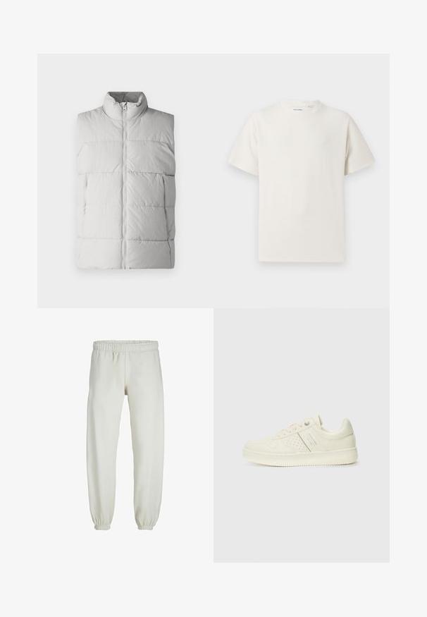Only & Sons GLOBAL PUFFER - Weste - cool grey; Weißes T-Shirt mit kurzen Ärmeln in gerippter Textur. Runder Ausschnitt, lockere Passform, keine sichtbaren Muster oder Akzente. Einfaches und vielseitiges Design.; Weiße Jogginghose aus weichem Stoff, mit elastischem Bund und Säumen, einer glatten Textur und lockerem Schnitt.; Cremefarbene Sneaker mit perforierten Details, Schnürsenkeln und Logo an der Seite, vor einem schlichten weißen Hintergrund präsentiert.