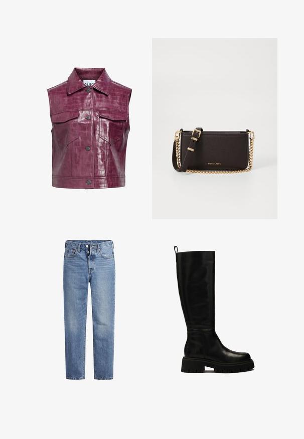 Bordeaux faux læder vest med krokodilletekstur, der har en spids krave, forreste trykknapper og to brystlommer.; Marineblå strikket cardigan med kabelmønster, ribbede manchetter og kant, seks knapper og et lille rødt logo på venstre bryst.; Hvid skjorte med knaplukning, lange ærmer, struktureret krave og rundet kant. Fremstillet af et glat, ensfarvet stof uden synlige mønstre eller detaljer.; Lyseblå denimjeans med lige pasform, fem-lomme-design og knaplukning. Har subtile falmede detaljer og orange søm.; Sorte læderstøvler til knæene med et strømlinet design, rund tå og kraftig gummisål med dybe riller og et greb på toppen.; MICHAEL Michael Kors BRYANT SM XBODY POUCHETTE - Skuldertasker - chocolate