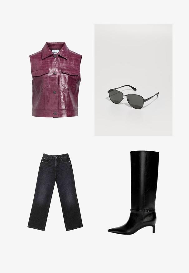 Burgundy faux leather vest with a crocodile texture, featuring a pointed collar, front snap buttons, and two chest pockets.; White long-sleeve button-up shirt with a pointed collar and curved hem, displayed against a plain background.; High-waisted black denim jeans with a wide-leg cut, five-pocket design, and visible stitching. Fabric has a smooth, slightly textured finish.; Black leather knee-high boot with pointed toe and a small heel. Features a narrow strap with a metallic buckle around the ankle. Smooth texture.; Black metal frame sunglasses with gray lenses, featuring an oval shape, thin arms, and adjustable nose pads. Minimalistic design.; Black leather handbag with a unique fan shape, featuring flat handles. The surface has a pebbled texture and a minimalistic design.