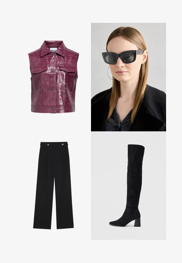 Gilet en simili cuir bourgogne avec une texture crocodile, doté d'un col pointu, de boutons-pression à l'avant et de deux poches poitrine.; Top noir à manches longues avec des poignets évasés, texture douce et coupe décontractée, doté d'un col rond simple.; Pantalons larges noirs à taille haute, avec des détails de boutons à la taille et des plis sur le devant.; Botte noire en daim montée jusqu'au genou, avec un talon bloc, un bout pointu et un design lisse et sans couture sur un fond clair.; Des lunettes de soleil en forme de chat noir avec des verres foncés, des montures épaisses et des accents subtils. Portées avec un manteau noir et un haut gris, avec des cheveux longs et raides.
