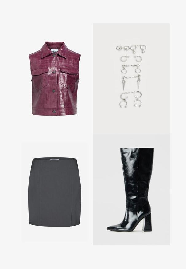 Burgunderfarbener Faux-Leder-Weste mit Krokodilstruktur, ausgestattet mit einem spitzen Kragen, vorderen Druckknöpfen und zwei Brusttaschen.; Schwarzes Poloshirt mit kurzen Ärmeln und geripptem Muster, ausgestattet mit einem Reißverschluss vorne und einem spitzen Kragen. Einfaches Design mit minimalen Akzenten.; Envii SPLIT - Bleistiftrock - grey; Schwarze kniehohe Stiefel aus glänzendem Leder, mit spitzem Zehen und einem klobigen, geometrischen Absatz mit glatter Textur.; Set von silbernen Ohrringen mit verschiedenen Designs: Creolen, Stecker und hängende Stile, mit Kugelakzenten und spitzen Elementen.