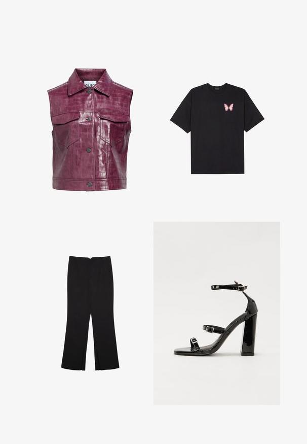 Gilet in ecopelle bordeaux con texture a coccodrillo, dotato di colletto a punta, bottoni a scatto frontali e due tasche sul petto.; T-shirt nera in cotone con maniche corte, caratterizzata da una piccola grafica di una farfalla rosa sul lato sinistro del petto. Design a girocollo con una vestibilità rilassata.; Pantaloni neri a gamba dritta, con tasche frontali e spacchi laterali all'orlo. Realizzati in tessuto morbido e liscio. Adatti a diverse occasioni.; Sandali con tacco in vernice nera, con punta squadrata, cinturini alla caviglia e fibbie in argento. Presentano un tacco a blocco spesso per maggiore stabilità.