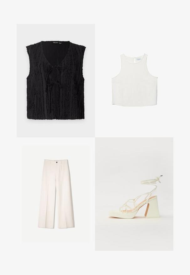 Svart ärmlös top med V-ringning, texturerade vertikala linjer och knytdetalj framtill. Tillverkad av lätt, något genomskinlig tyg.; Vit ärmlös topp med rundad halsringning, featuring en subtil textur, detalj med nyckelhål i ryggen och rak nederkant.; Krämfärgade byxor med vida ben och skräddarsydd design, med två framfickor och en enda knappstängning fram, tillverkade av ett smidigt tyg.; Vit högklackad sandal med en kraftig klack, med ett remdesign och ankelband. Slät textur med en plattform framtill för ökad höjd.