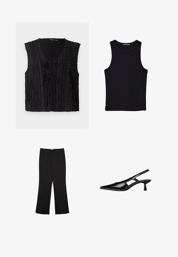 Črna brezrokavna majica z V-izrezom, teksturiranimi vertikalnimi linijami in podrobnostjo na sprednji strani z vozlom. Narejena iz lahkotnega, rahlo prosojnega materiala.; Črna majica brez rokavov iz bombaža, z okroglim izrezom in širokimi odprtinami za roke. Gladka tekstura s šivi na robovih. Klasičen, minimalističen dizajn.; Črne hlače ravnega kroja z naglavnimi žepi in stranskimi razporki na robu. Narejene iz mehke, gladke tkanine. Primerne za različne priložnosti.; Črne patentični usnjeni salonarji s slingback designom, z zašiljenim nosom, izrezanim stranskim dizajnom in majhnim kvadratnim peto. Gladka tekstura z minimalnimi detajli.