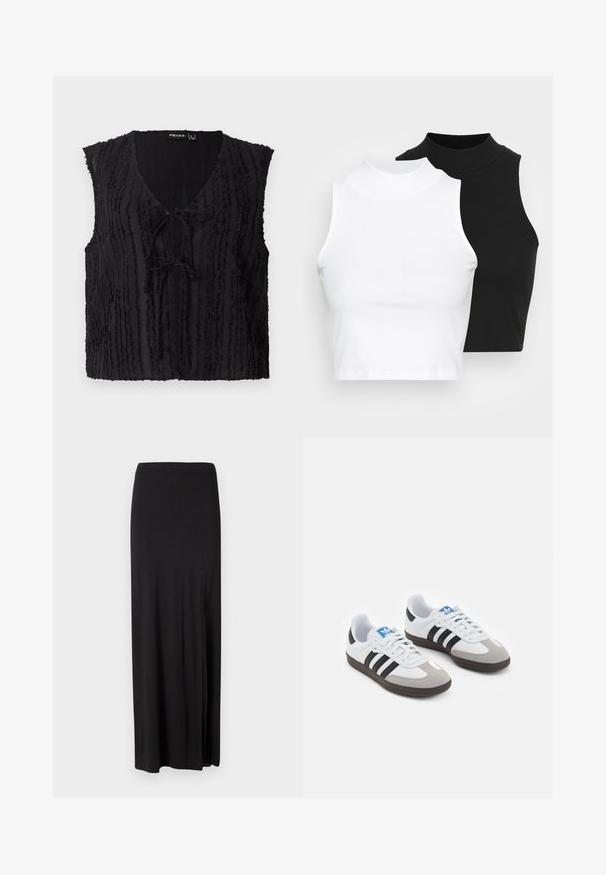 Crna bezrukavna majica sa V-izrezom, teksturiranim vertikalnim linijama i detaljem vezivanja sprijeda. Izrađena od laganog, nešto prozirnog materijala.; Dvije bezrukavne rebraste majice s visokim ovratnikom u crnoj i bijeloj boji, s prilagođenim dizajnom i glatkom teksturom, te skraćenom dužinom.; Crna maksi suknja od mekog, rastezljivog materijala. Ima bočni prorez i jednostavan, elegantan dizajn bez ukrasa.; Sportske cipele s gornjištem od bijele kože, sivi suedinasti nos i tri crne pruge. Imaju plavi logo na jeziku i teksturiranu gumenu podlogu.