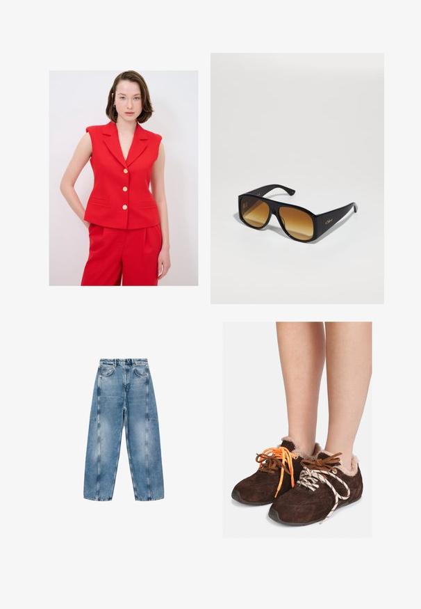 Rode mouwloze blazer met een uitgesneden kraag, voorzien van gouden knopen en zijzakken, gecombineerd met bijpassende rode broeken. Soepele textuur.; Grijze cropped trui gemaakt van zacht, fuzzy materiaal. Heeft lange mouwen en een ronde halslijn, met een gladde, lichte textuur.; Witte T-shirt met korte mouwen, gemaakt van zachte katoen, met een ronde halslijn en een ontspannen pasvorm met omgerolde zoomdetails. Geen patronen of accenten.; Lichtblauwe denim jeans hebben een relaxte pasvorm, grote zakken en contrasterende stiksels. De stof heeft een vervaagde afwerking met een soepele textuur.; Bruine leren instapschoenen met een voering van bont, gedragen op blote voeten, met mismatched veters: de ene is oranje en de andere is wit met zwarte strepen.; Zwarte rechthoekige zonnebril met bruine verlooplenzen. Gemaakt van plastic, met een glad oppervlak en een subtiele gouden logo op de poot.