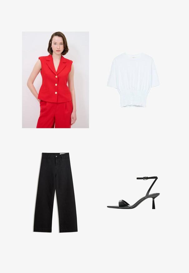 Červený bezrukávový blazer s klopovým límcem, zdobený zlatými knoflíky a bočními kapsami, spárovaný s odpovídajícími červenými kalhotami. Hladká textura.; Bílý tričko s krátkým rukávem, se volným střihem a nařasenou texturou v pase. Vyrobeno z měkkého, lehkého materiálu.; Černé denimové kalhoty s volným střihem a vysokým pasem, vybavené předními a zadními kapsami, prošívanými švy a knoflíkovým zapínáním. Hladká textura.; Bershka Sandály na vysokém podpatku - black
