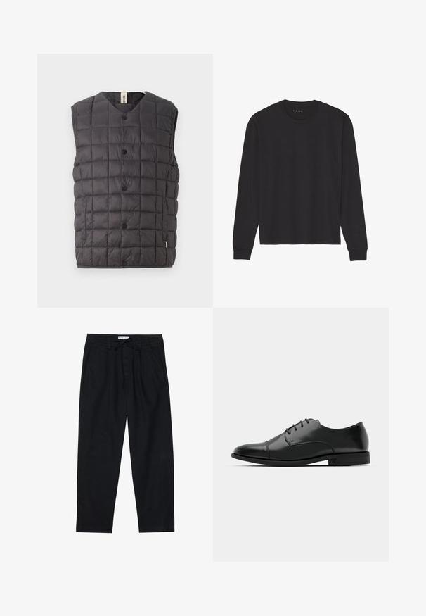 Only & Sons ONSGAVIN LIFE LIGHT QUILTED SNAP VEST - Colete - phantom; T-shirt preto de manga longa feito de algodão macio. Apresenta um decote redondo e punhos canelados, com um corte relaxado e sem padrões ou gráficos.; Pier One Chinos - black; Sapatilha de pele preta com biqueira arredondada, design de atacadores, detalhes de costura sutis e um salto baixo. Textura suave com acabamento polido.