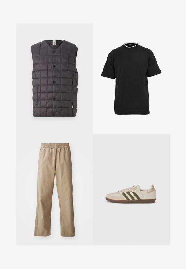 Only & Sons ONSGAVIN LIFE LIGHT QUILTED SNAP VEST - Waistcoat - phantom; Black cotton t-shirt with short sleeves, round neckline, and contrasting white trim along the collar and sleeve edges.; Beige, lightweight, elastic-waist pants with straight legs. Features side pockets and subtle stitching. Smooth texture, casual design.; adidas Originals SAMBA OG UNISEX - Trainers - alumina/medium dark khaki/gum