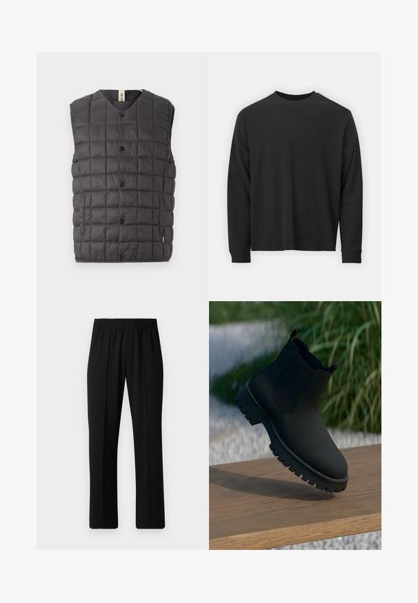 Only & Sons ONSGAVIN LIFE LIGHT QUILTED SNAP VEST - Veste - phantom; Garās piedurknes melna T-kreklā, izgatavota no kokvilnas, ar apaļu kakla izgriezumu, brīvu piegriezumu un ribotām piedurknēm. Gluda tekstūra bez redzamām rakstainēm.; Melni elastīgi bikses ar taisnas kājas dizainu, ar gludu tekstūru un bez redzamām zīmēm vai detaļām.; Melnas potītes ar gludu apdari, elastīgām sānu malām un biezu, izturīgu zoli. Novietotas uz koka virsmas dabiskā ainavā.