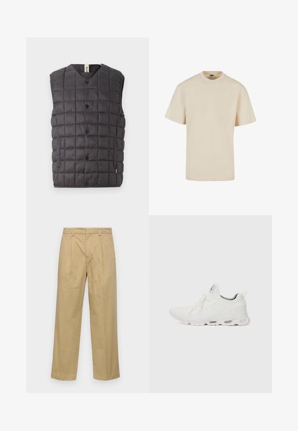 Only & Sons ONSGAVIN LIFE LIGHT QUILTED SNAP VEST - Vest - phantom; Beige puuvillane T-särk ümara kaelusega ja lühikeste varrukatega, millel on lõdva istuvuse ja minimaalse õmbluse detailid. Hästi sobiv igapäevaseks ja mitmekesiseks kandmiseks.; Bežistest puuvillased püksid otse jalgadega disainiga, millel on ette voldid ja küljetaskud. Kangas on sile ja pehme tekstuuriga.; Valged sportijalatsid, millel on tekstuuriga kudum peal, lame paelad ja pehmendatud tallad nähtavate õhukambritega täiendava toe jaoks.