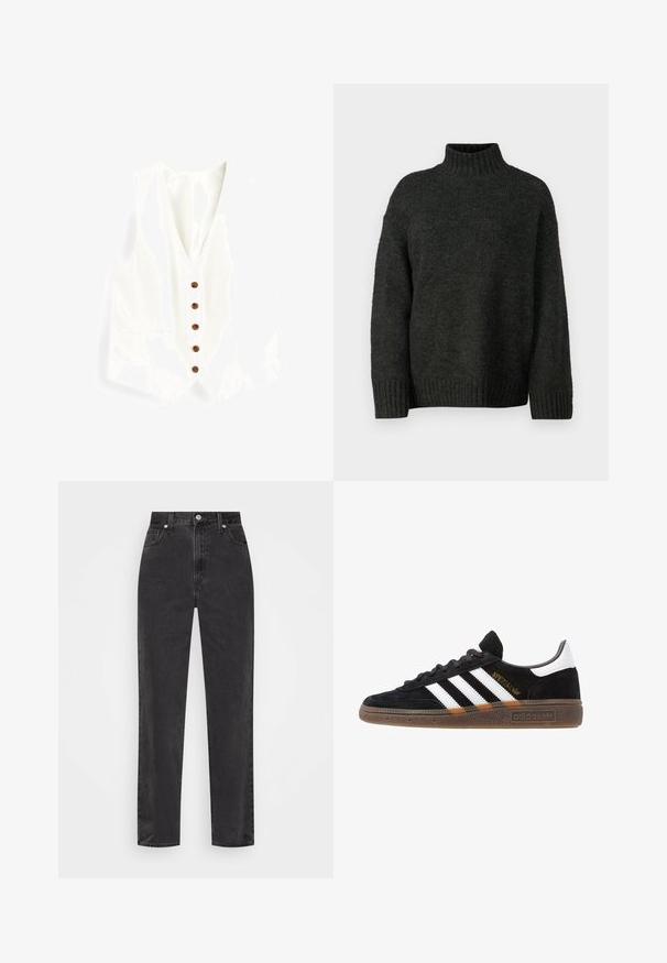 Fehér vászon mellény V-nyakkal, hat barna gombbal és két oldalsó zsebbel. Sima textúrája és testreszabott fazonja van.; Vero Moda Tall VMMADDIE HIGHNECK PULL - Pulóver - dark grey melange; Fekete, egyenes szárú farmernadrág, magas derékkal, elülső gombbal és cipzárral, valamint öt zsebes stílussal, fehér háttérrel.; Fekete Adidas sneaker fehér csíkokkal, arany "Spezial" felirattal, gumitalppal és fehér saroktabbal, profil nézetben bemutatva.