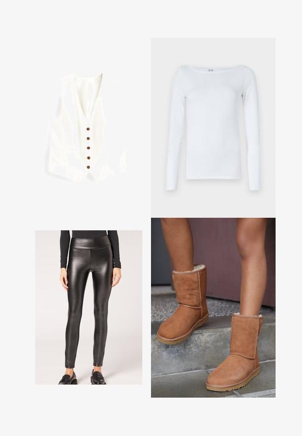Weißes Leinenweste mit V-Ausschnitt, ausgestattet mit sechs braunen Knöpfen und zwei seitlichen Taschen. Glatte Textur und taillierte Passform.; Weißes Langarmshirt aus Baumwollmischung mit runden Ausschnitt und schmaler Passform. Keine sichtbaren Muster oder Akzente.; Schwarze, synthetische Leder-Leggings mit hoher Taille, glatter Textur und figurbetontem Design, das eine elegante Silhouette und minimalistische Details bietet.; Braune Wildleder-Stiefeletten mit runder Spitze, weicher Innenausstattung und Gummisohle, die über sichtbare Nähte entlang der Nähte verfügen.