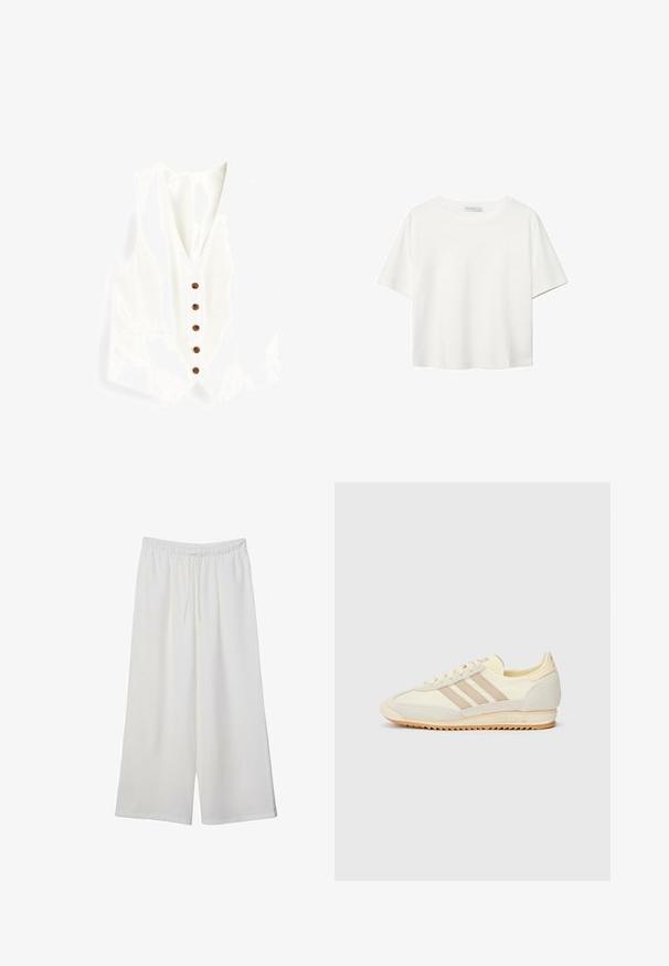 Bela lanena brezrokavnik z V-izrezom, ki ima šest rjavih gumbov in dva stranska žepa. Gladka tekstura in prilegajoč kroj.; Bela kratka majica s kratkimi rokavi iz bombaža. Ima okroglo izrezovanje in sproščen kroj. Gladka tekstura brez vidnih vzorcev ali poudarkov.; Bele široke hlače iz lahkega materiala, ki imajo elastičen pas in vrvico za prilagajanje. Gladka tekstura.; Kremna atletska teniska obutev z tremi bež črtami, usnjatom in tekstilnim materialom, teksturiranim podplatom ter embosiranim logotipom na peti.