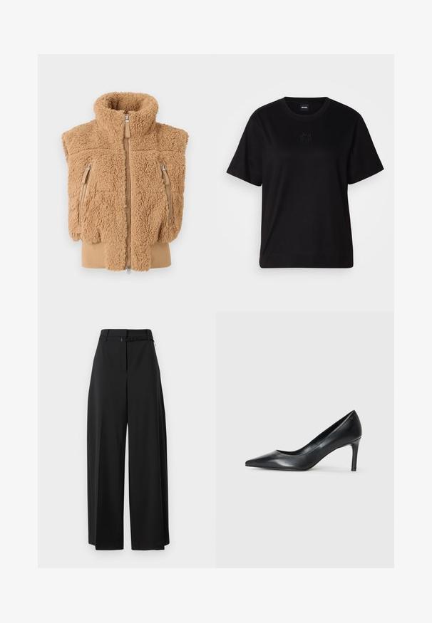 Tan spalvos dirbtinės kailio liemenė su aukšta apykakle, užtrauktuku priekyje ir dviem šoninėmis kišenėmis su užtrauktuku. Minkšta tekstūra ir banguota apdaila apačioje.; Juodas medvilninis marškinėliai su apvalia iškirpte, trumpomis rankovėmis ir siuvinėjimu ant krūtinės. Paprastas, laisvas siluetas be raštų.; Juodos plačios kelnes su aukštu juosmeniu ir diržu. Pasižymi lygiu paviršiumi ir švariomis linijomis, sukurtos patogiam prigludimui.; Juodas odinis bateliai su smailiu pirštu ir plonu kulnu, lygia tekstūra ir be akivaizdžių papuošimų. Švarus dizainas su minimalistine estetika.