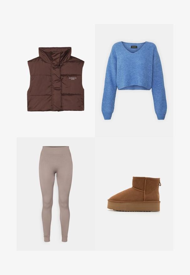 Brun polstret ærmeløs vest med høj krave, der har lynlås fortil og indsyet logo-detail på venstre side. Glat, blank overflade.; Blå cropped sweater med V-hals, ribbet tekstur og lange ermer. Lavet af blødt materiale. Mærke: even&odd.; Ribbet leggings i en blød taupe farve, med høj talje, smal pasform og tætsiddende ankler. Fremstillet af et tekstureret, strækbart stof.; Brune ruskindsankelstøvler med rund tå, struktureret overflade og en tyk platform sål. Har en bageste løftestrop og syet detaljering.