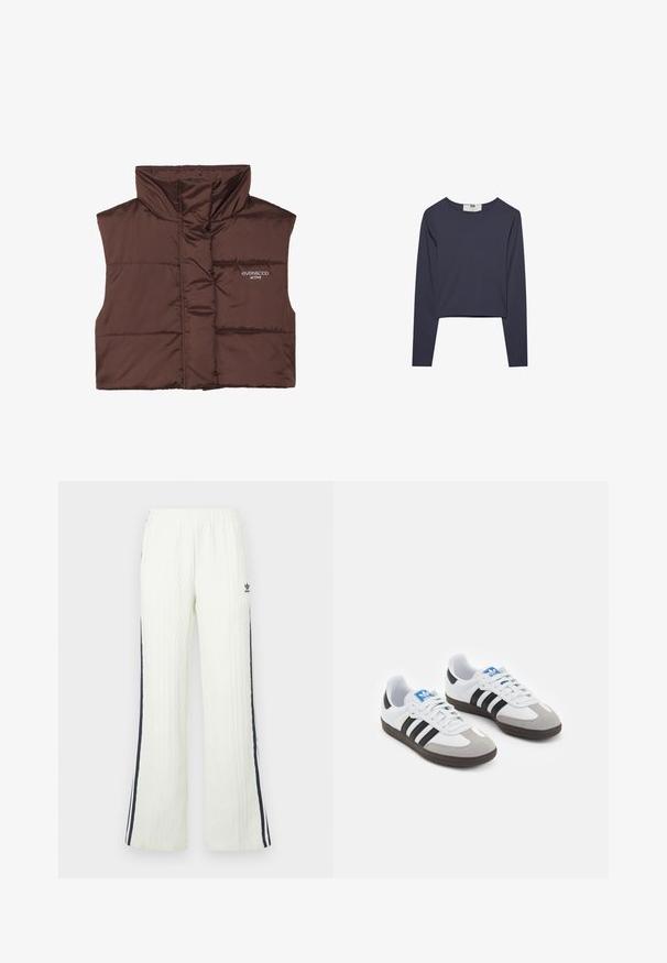 Brązowa, pikowana kamizelka bez rękawów z wysokim kołnierzem, z zamkiem z przodu i naszytą logotypem po lewej stronie. Gładka, błyszcząca faktura.; Crop top z długimi rękawami w ciemnym granacie, wykonany z lekkiego materiału, z okrągłym dekoltem i gładką, równą fakturą.; Jasnokremowe, dzianinowe spodnie z splotem warkoczowym o rozszerzanym kroju. Posiadają granatowe paski po bokach oraz logo Adidas na biodrze. Elastyczna talia.; Buty sportowe z białą skórzaną cholewką, szarym zamszowym noskiem i trzema czarnymi paskami. Posiadają niebieskie logo na języku oraz teksturowaną gumową podeszwę.