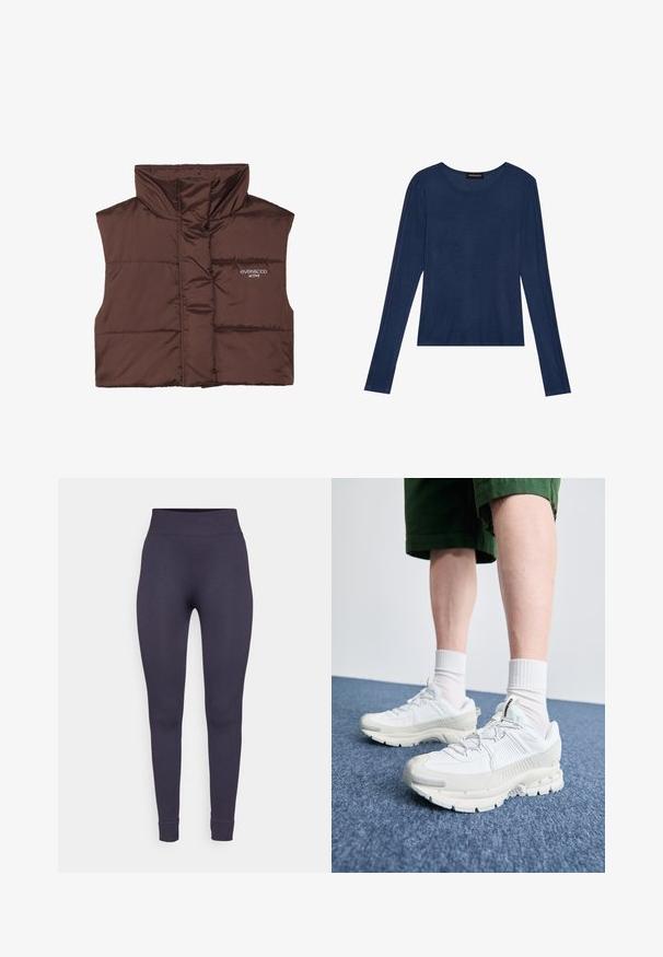 Braune gepolsterte ärmellose Weste mit hohem Kragen, ausgestattet mit einem Reißverschluss vorne und eingesticktem Logo-Detail auf der linken Seite. Glatte, glänzende Textur.; Marineblaues Langarmshirt aus weichem Material, mit Rundhalsausschnitt und flachen Nähten an den Ärmeln, in lockerer Passform.; Dunkellila, gerippte Leggings mit hohem Bund und schmaler Silhouette, die Knöchelbündchen und eine glatte Textur aufweisen.; Weiße Sportschuhe mit strukturierten Überzügen, einer dicken Sohle und grauen Akzenten. Tragen mit weißen Crew-Socken und grünen Shorts auf einer blauen Oberfläche.