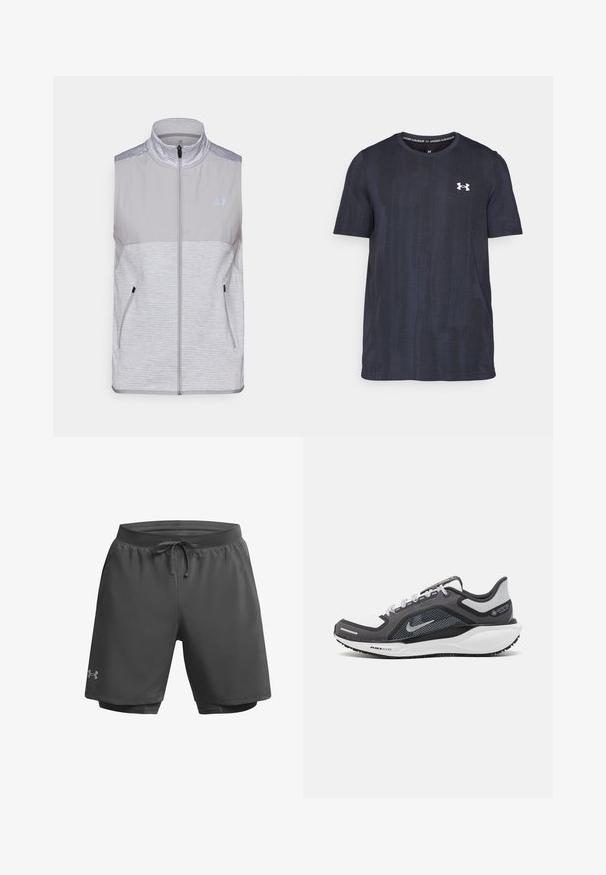 Šedá bezrukávová vesta vyrobená z ľahkej tkaniny. Obsahuje vysoký golier, plný predný zips a dve bočné vrecká. Textúrované ramenné akcenty.; Tmavomodré tričko s krátkym rukávom vyrobené z priedušného materiálu, s textúrovaným vzorom a bielym logom Under Armour na hrudi.; Tmavošedé športové šortky s elastickým pásom, nastaviteľnou šnúrkou a vnútornou sieťovinou; obsahujú jemné logo na ľavom stehne.; Čierna a sivá športová obuv s vrchnou časťou z priedušného materiálu, reflexné akcenty a biely medzipodrážka. Obsahuje štruktúrovanú gumovú podrážku a šnúrky.