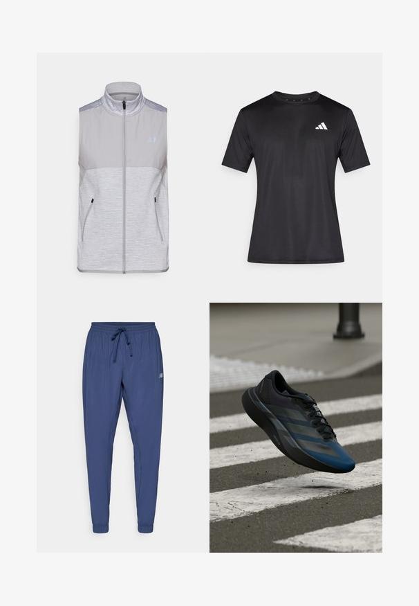 Hallita must vest, mis on valmistatud kergetest kangast. Omab kõrget kraed, täispikkust tõmblukku ja kahte küljetaskut. Tekstuuriga õlavarre aktsendid.; Must spordisärk, mis on valmistatud kerge võrgukangast, lühikeste varrukatega ja vasakul rinnal valge logoga.; Tumed sinised spordipüksid elastse vöökoha, nööriga ja kitsenevate sääreotstega. Omab küljetaskuid ja väikest logo ühel säärel.; Must ja sinine spordijalats voolava disainiga, millel on tekstureeritud üliskihiga, kontrastsed triibud ja pehme tallaga, hõljumas asfaldipinna kohal.