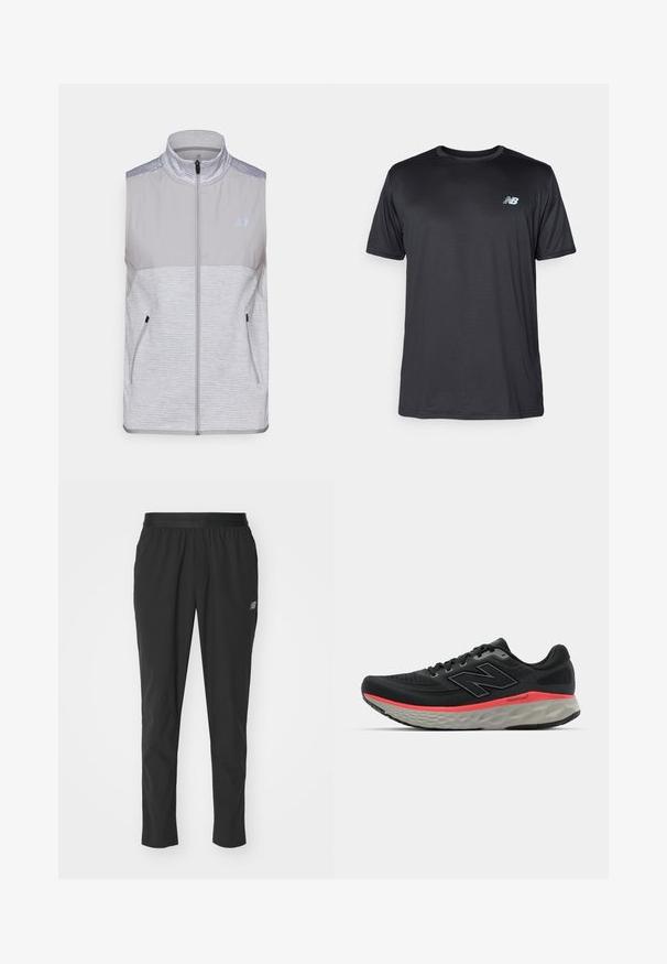 Pilkas bekelis liemenė, pagaminta iš lengvos medžiagos. Yra aukšta apykaklė, visiškai užtraukiama priekis ir dvi šoninės kišenės. Išraiškingi pečių akcentai.; New Balance Sportiniai marškinėliai trumpomis rankovėmis - black; Juodos sportinės kelnės, pagamintos iš lengvos medžiagos, su elastingu juosmeniu, siaurėjančiu dizainu ir subtiliu logotipo akcentu šone.; Juoda bėgimo batelis su tinklelio viršumi, akcentuotas rožiniu vidiniu padų juosta ir pilku padu. Yra tekstūruoti detalės ir lankstus pado dizainas.