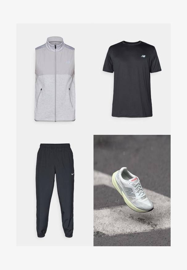 Grå ärmeløs vest laget av lett materiale. Har høy krage, full frontglidelås og to sidelommer. Teksturert skuldersøm.; New Balance T-skjorte til trening - black; Svarte joggebukser laget av lett stoff med elastisk midje, ankelmanchetter og en diskret Nike-logo på venstre side.; Lett løpesko med et hvitt mesh-overdel, gul mellomsåle og grå detaljer. Har et fremtredende 'N'-logo og teksturert overflate.