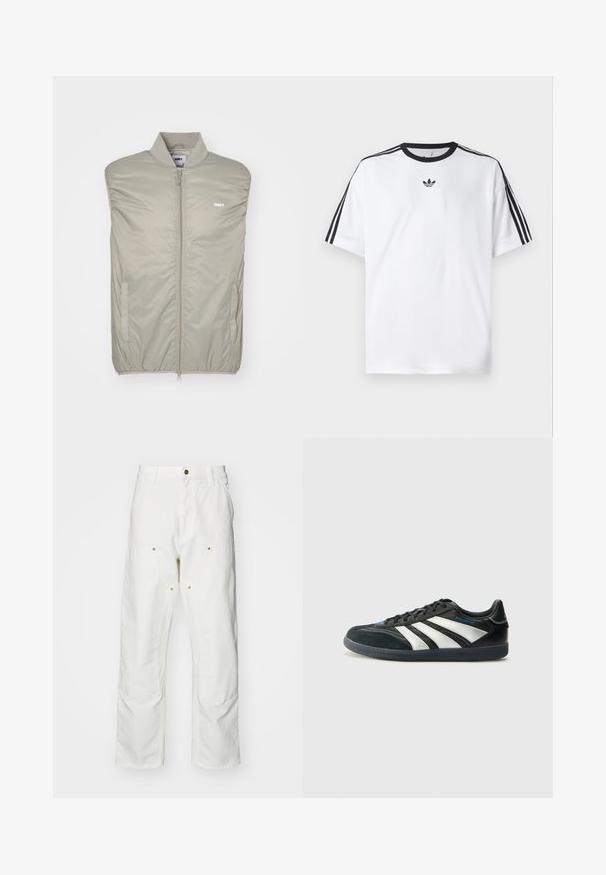 Ljust grå ärmlös jacka i slätt, vadderat material med hög krage, dragkedja framtill och logotyp på bröstet. Har sidofickor.; Vit T-shirt i bomull, med svart rund halsringning och tre svarta ränder på varje axel. Litet svart logotyp på bröstet.; Vita bomullscargo Byxor med en avslappnad passform. Funktioner inkluderar framfickor, guld Accentdetaljer och förstärkta knäsektioner.; adidas Performance PREDATOR FREESTYLE JUDE INDOOR FOOTBALL SHOES - Inomhusfotbollsskor - core black/silver-coloured/glory blue