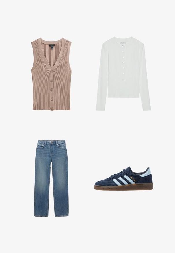 Ljusbrun ärmlös stickad topp med V-hals, ribbad textur och fem knappar framtill. Enkelt design som passar för lager på lager.; Vit långärmad topp i ribbad tyg, med rund halsringning och en knappad front med sex klara knappar.; Ljusblå denimjeans med rak skärning, fem fickor och kopparfärgad hårdvara. Tyget har en lätt blekning och en slät textur.; Marinblå mocka Adidas-sneakers med ljusblå ränder, gummisula, ljusblå hälflik och gyllene "Spezial"-logotyp på sidan.