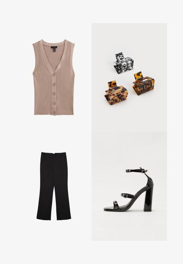 Lichtbruine mouwloze gebreide top met een V-hals, ribbelstructuur en vijf knopen aan de voorkant. Eenvoudig ontwerp dat geschikt is voor het laagjesdragen.; Zwarte mouwloze crop top van soepel materiaal, met een ronde hals en een schone, eenvoudige uitstraling zonder patronen of hardware.; Zwarte broek met een rechte pasvorm, voorzien van zijzakken en plooien aan de onderzijde. Gemaakt van zachte, gladde stof. Geschikt voor verschillende gelegenheden.; Zwarte gepatenteerde sandalen met hak en een vierkante neus, enkelbandjes en zilveren gespen. Heeft een stevige blokhak voor stabiliteit.; Drie haarspelden: één gemarmerd in zwart en wit, twee tortoise-shell in bruine en zwarte tinten, allemaal gemaakt van glanzend plastic met een gewelfde afwerking.