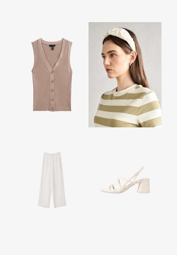 Ljusbrun ärmlös stickad topp med V-hals, ribbad textur och fem knappar framtill. Enkelt design som passar för lager på lager.; Vit t-shirt med kort ärm i bomull. Har en rundad halsringning och en avslappnad passform. Slät textur utan synliga mönster eller detaljer.; Vita vida byxor i vid passform gjorda av ett lättviktsmaterial. Har en elastisk midja med dragsko och sidofickor. Slät textur.; Beiga klacksandaler med smala, korslagda remmar, öppen tå och en fyrkantig klack. Slät lackfinish, justerbar vristrem.; Krämfärgad vadderad huvudband med vriden design, i kombination med en beige och vit randig skjorta med rund halsringning. Diskreta smyckeakcenter.