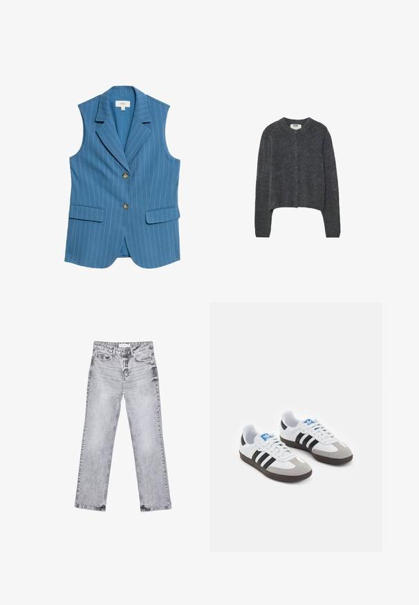Hellblaues ärmelloses Blazer mit vertikalen weißen Streifen, Reverskragen, zwei Fronttaschen und zwei braunen Knöpfen auf der Vorderseite.; Dunkelgraue Strickjacke aus strukturiertem Strickstoff, mit rundem Ausschnitt, langen Ärmeln und sechs Knopfverschlüssen hinten.; Weißes, geripptes Tanktop mit runder Ausschnittform und ärmellosem Design, ausgestattet mit einem geraden Saum und einer glatten, dehnbaren Textur.; Graue Jeans aus Denim mit geradem Bein, mit Used-Effekten, fünf Taschen und kupferfarbenen Nieten. Der Bund verfügt über ein Logoshirt.; Sportschuhe mit einem Obermaterial aus weißem Leder, grauer Wildleder-Zehenkappe und drei schwarzen Streifen. Sie verfügen über ein blaues Logo auf der Zunge und eine strukturierte Gummisohle.