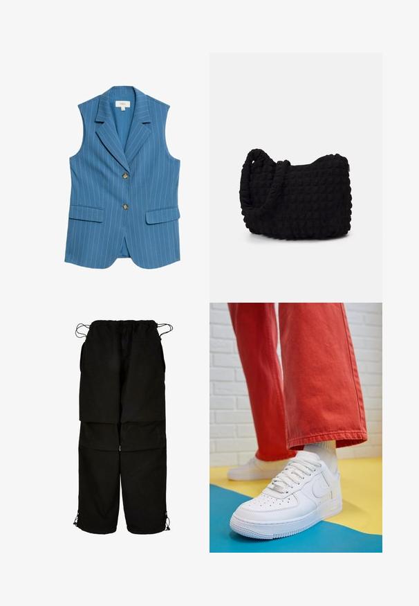 Hellblaues ärmelloses Blazer mit vertikalen weißen Streifen, Reverskragen, zwei Fronttaschen und zwei braunen Knöpfen auf der Vorderseite.; Weißes kurzärmliges T-Shirt aus weichem Stoff. Hat einen runden Halsausschnitt und ein einfaches, sauberes Design mit geradem Saum.; Schwarze Hose aus leichtem Material, mit verstellbarem Bund und Kordelzug am Saum. Entworfen mit einer lockeren, oversized Passform und mehreren Taschen.; Weiße Leder-Sneaker mit perforiertem Zehenbereich, strukturiertem Sohlen und weißen Schnürsenkeln, kombiniert mit weiten roten Hosen und einem blauen und gelben Hintergrund.; Schwarze Stofftasche mit einer strukturierten, gesteppten Oberfläche. Abgerundete Form, kurze, dicke Griffe und eine weiche, flexible Struktur.