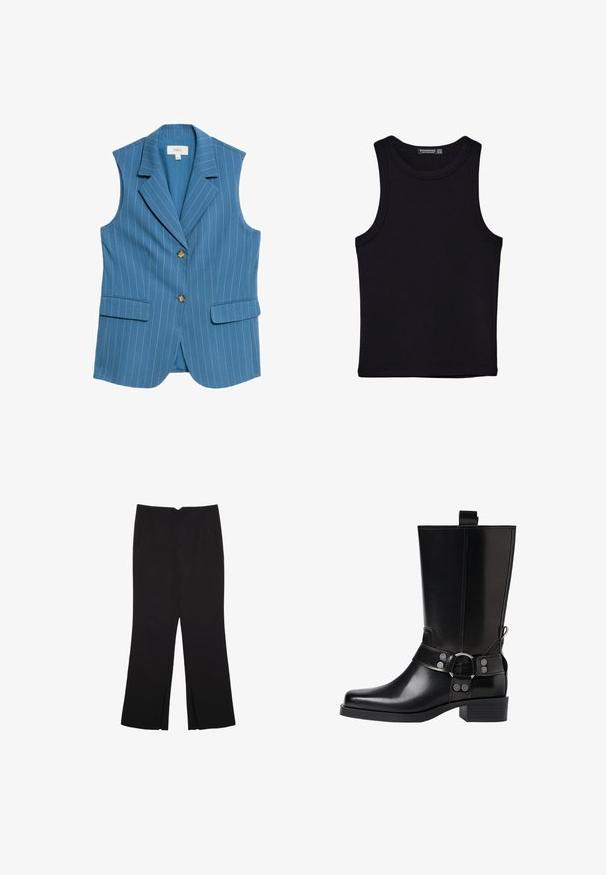 Jasnoniebieska bezrękawnik z pionowymi białymi paskami, z klapami wykroju, dwiema przednimi kieszeniami i dwoma brązowymi guzikami z przodu.; Czarny top na ramionczkach wykonany z bawełny, z okrągłym dekoltem i szerokimi wycięciami na ramionach. Gładka tekstura z przeszytymi brzegami. Klasyczny, minimalistyczny design.; Czarne spodnie o prostym kroju, z przednimi kieszeniami i bocznymi rozcięciami na dole. Wykonane z miękkiego, gładkiego materiału. Odpowiednie na różne okazje.; Czarne skórzane buty za kolano z wydłużonym noskiem, srebrnymi akcentami w postaci klamr oraz masywnym obcasem. Posiadają pętelkę umożliwiającą łatwe zakładanie.
