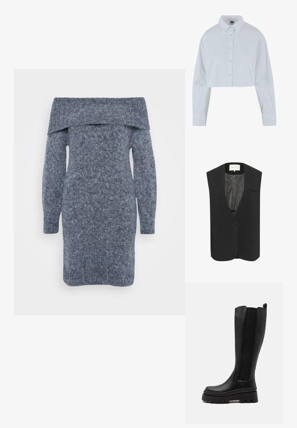 Schwarze Weste mit V-Ausschnitt, einem einzelnen Knopf vorne und einer Brusttasche. Das Innere verfügt über ein gestreiftes Futter, elegantes, ungefüttertes Design.; Gekürztes weißes Hemd mit spitzem Kragen, langen Ärmeln und glatter Textur. Verfügt über eine Frontblende mit passenden Knöpfen.; Strickkleid in Dunkelgrau mit schulterfreiem Ausschnitt, langen Ärmeln und einem strukturierten Muster in der gesamten Optik.; Schwarze knielange Stiefel aus glattgenarbtem Leder mit elastischen Seitenpaneelen, derber Plateausohle und gerillter Textur an der Unterseite.