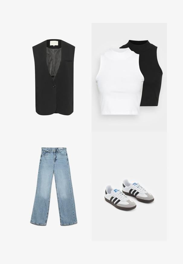 Černá vesta s výstřihem ve tvaru V, jedním předním knoflíkem a kapsou na hrudi. Uvnitř má pruhované podšívání, elegantní, neformální design.; Dvě bezrukávové halenky s ribovým stojáčkem v černé a bílé barvě, které mají přiléhavý střih a hladkou texturu, s krácenou délkou.; Světle modré široké džíny vyrobené z denimu, s klasickým pětikapsovým designem a rovný střih s minimálním blednutím na nohavicích.; Sportovní boty s bílým koženým svrškem, šedou semišovou špičkou a třemi černými pruhy. Obsahují modré logo na jazyku a texturovanou gumovou podrážku.